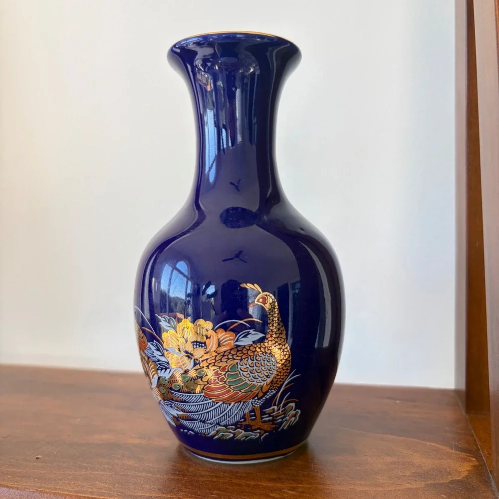 Cobalt Blue Porcelain Peacock Floral Bud Vase with Gold Trim 6.25